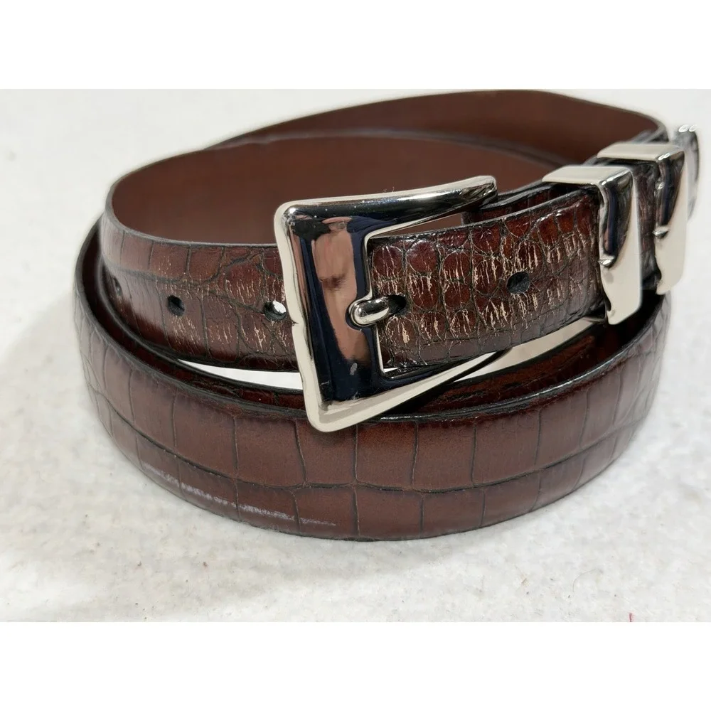 Torino Calfskin Croc Embossed Belt Brown Leather Dress Italian Quiet Luxury 46